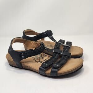 Aetrex Reese Black Braided Leather Sandals Women Size 8.5 Adjustable Straps Arch